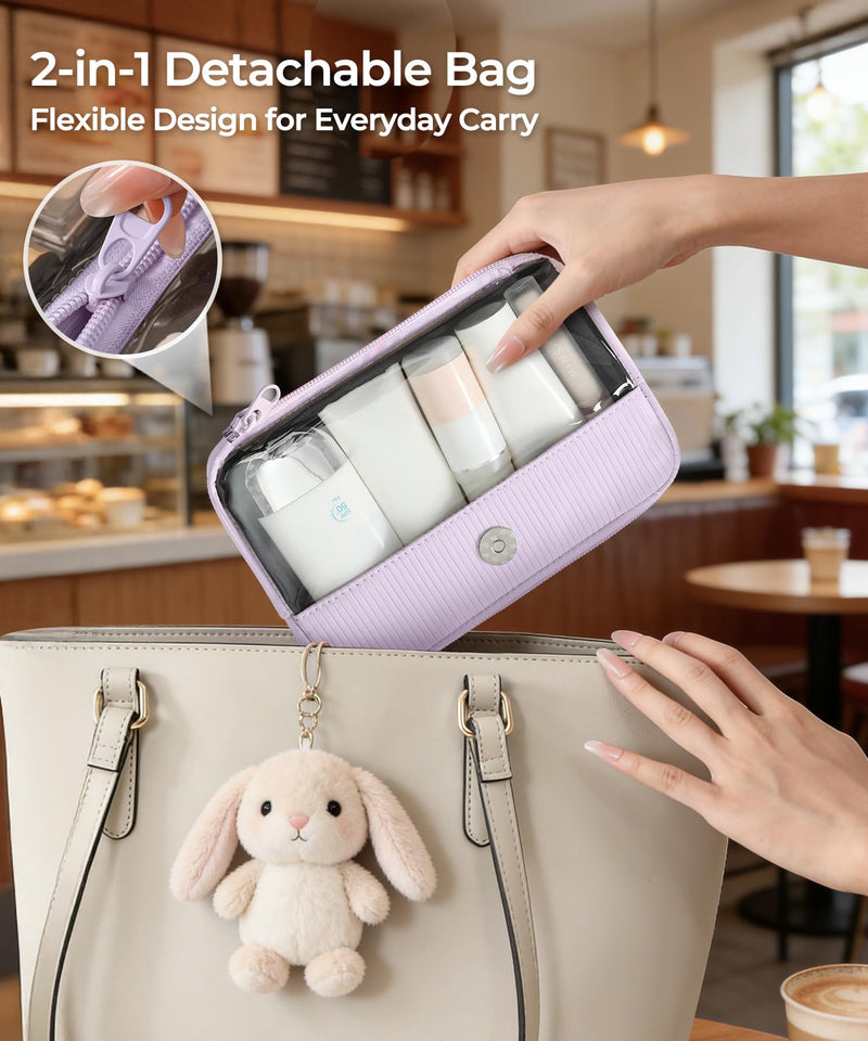 Makeup Bag Set for Women, 2 Pcs Corduroy Travel Cosmetic Organizer, Detachable Clear Pouch and Shell Shape Case, Waterproof Toiletry Storage for Beauty Essentials, Purple