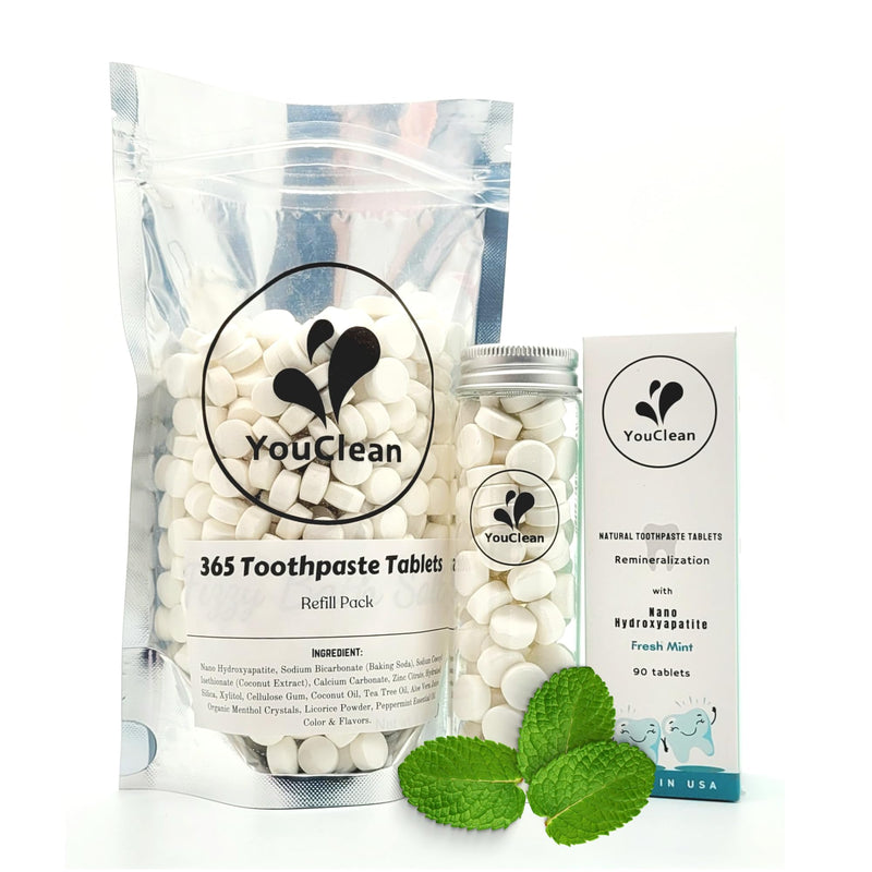 90 toothpaste tablets in Refill/Recycle Glass Tube - For Travel and Daily Home Office Use - Nano Hydroxyapatite, Fluoride-Free, Vegan (Mint) Mint