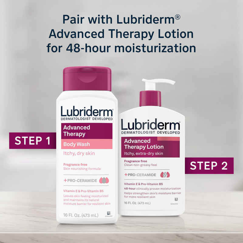 Lubriderm Advanced Therapy Unscented Body Wash, Vitamin E, 16 fl. Oz | Pro-Ceramide, Vitamin E & Pro-Vitamin B5, Gently Cleanses Itchy Dry Skin, Fragrance Free, Hypoallergenic Therapy Body Wash