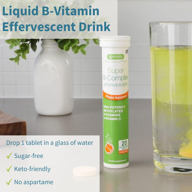 Igennus Super B-Complex Methylated Liquid B-Vitamin Effervescent Supplement | Fast Action Energy Drink, No Caffeine & Sugar-Free, Orange Flavor, Vegan, 120 Tablets Effervescent tablet 20 Count (Pack of 6)