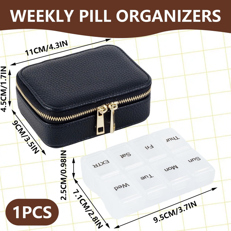 Portable Leather Weekly Pill Organizer | 7-Day Travel Pill Case with Removable Daily Insert – for Vitamins, Medication, Fish Oil & Supplements, Black