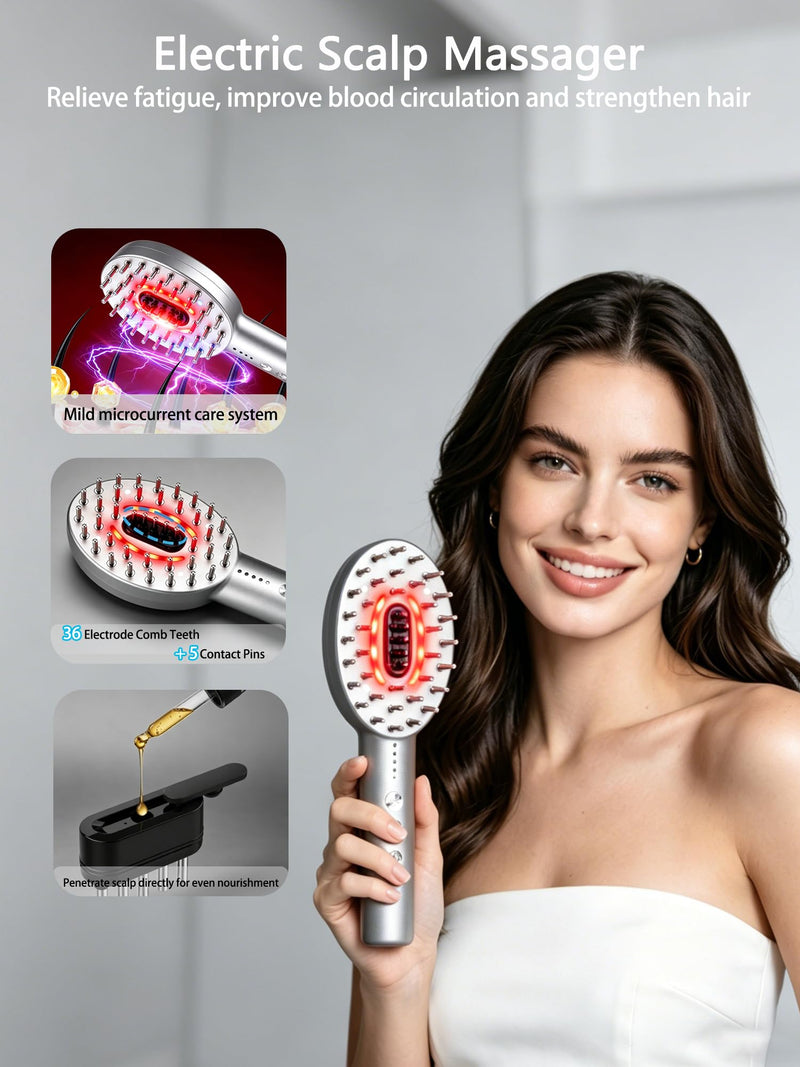 3-in-1 Electric Scalp Massager Brush, Vibrating Scalp Massager Comb with Hair Oil Applicator for Scalp/Face/Body Relaxation, Portable Massager Tool for Home & Travel, Gift for Men & Women (Grey) Grey