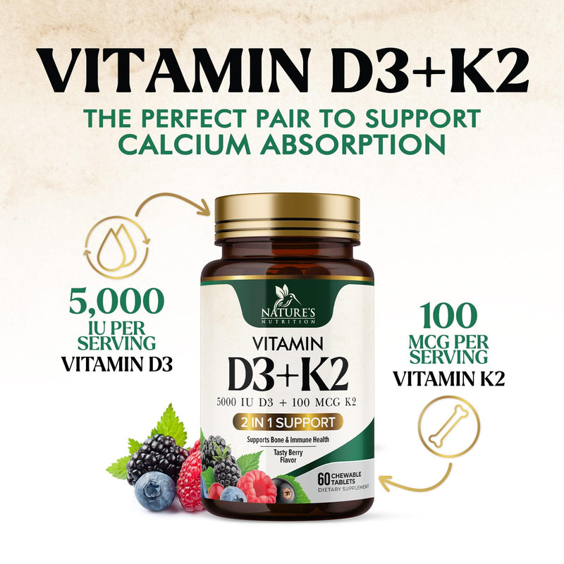 Vitamin D3 K2 Supplement | 5000 IU D3 + K2 100 mcg | MK-7 K2 with Vitamin D | Supports Immune, Heart, Teeth & Bone Health - Nature's Easy to Chew, VIT D3 K2, Non-GMO, Tasty Berry Flavor - 60 Tablets 60 Count (Pack of 1)