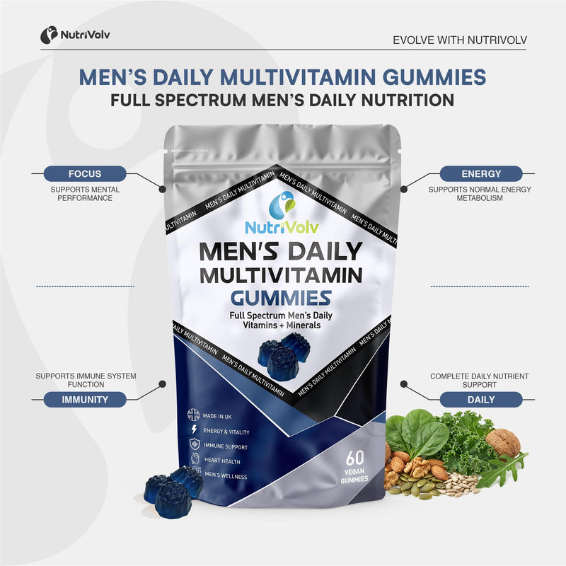 Men's Multivitamin Gummies | 60 Vegan Gummies | Vitamins A C D3 E B6 B12, Zinc, Selenium & Lycopene | Energy, Immune & Men's Wellness | Sugar Free | Blue Raspberry Flavour | UK Made | by NutriVolv