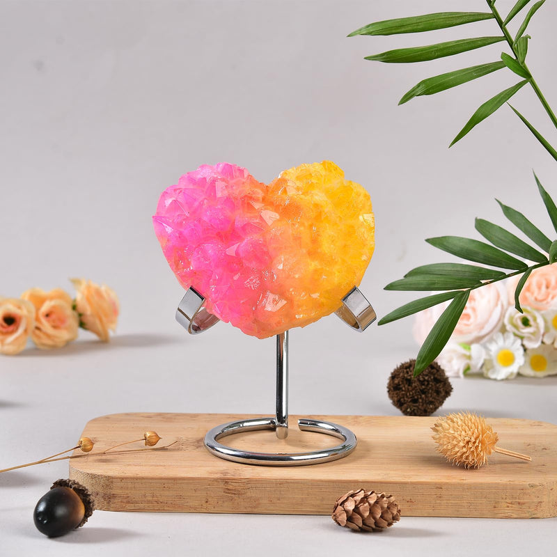 JIC Gem Pink Yellow Titanium Coated Large Heart Crystal Cluster Geode Healing Crystals Heart Shaped Rocks with Crystal Display Stand Home Decor Reiki Meditation 3.14-3.54 inch Pinkyellow