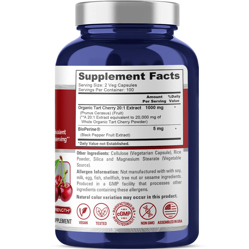 [Australia] - NusaPure Tart Cherry 20,000mg - 200 Veggie Caps (Vegan, Non-GMO, Vegan) Bioperine, Organic Tart Cherry Fruit 200 Count (Pack of 1) 