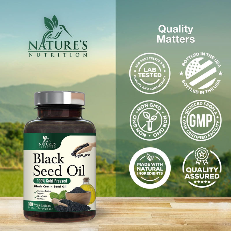 [Australia] - Black Seed Oil Capsules 1000mg - Vegan Cold-Pressed Nigella Sativa Black Seed Oil, Nature's Pure Black Cumin Seed Oil for Immune, Hair and Brain Support, Non-GMO - 180 Capsules 180 Count (Pack of 1) 