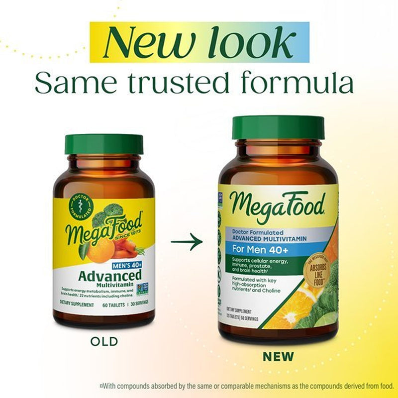 MegaFood Advanced Multivitamin for Men 40+ Doctor Formulated, 120 Tablets | Immune Support, Cellular Energy, Prostate & Brain Health, Choline, Methylfolate Vitamin C, D3, Zinc, Vegetarian, 60 Servings 120 Count (Pack of 1)