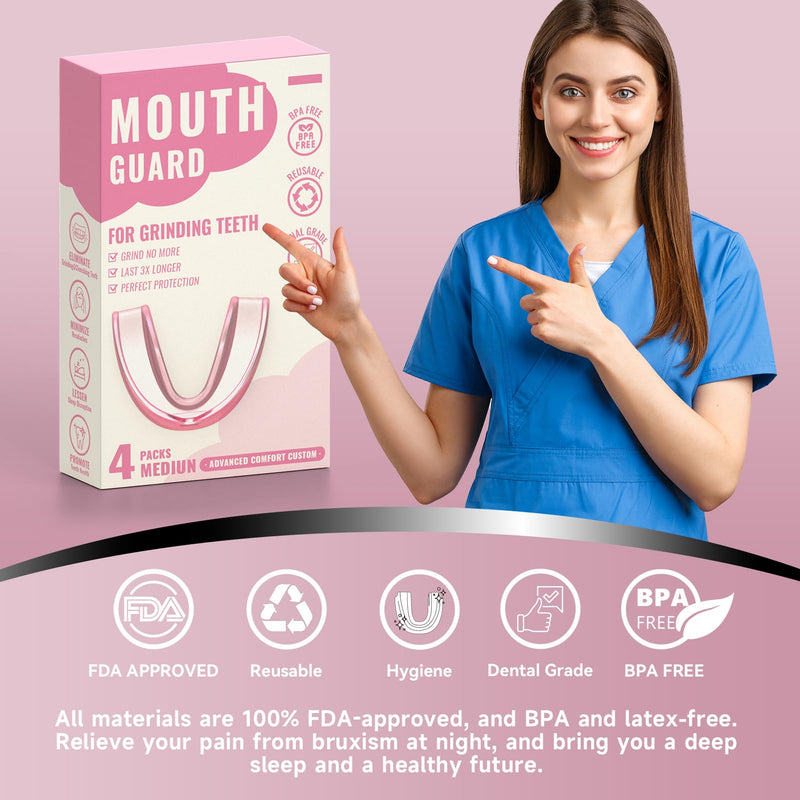 [Australia] - 4 Pack Pink Mouth Guards for Women and Teens, Medium Size, Moldable Night Guards for Teeth Grinding and Clenching, Comfortable Bite Guards, Stylish Custom Dental Guards for Protection 