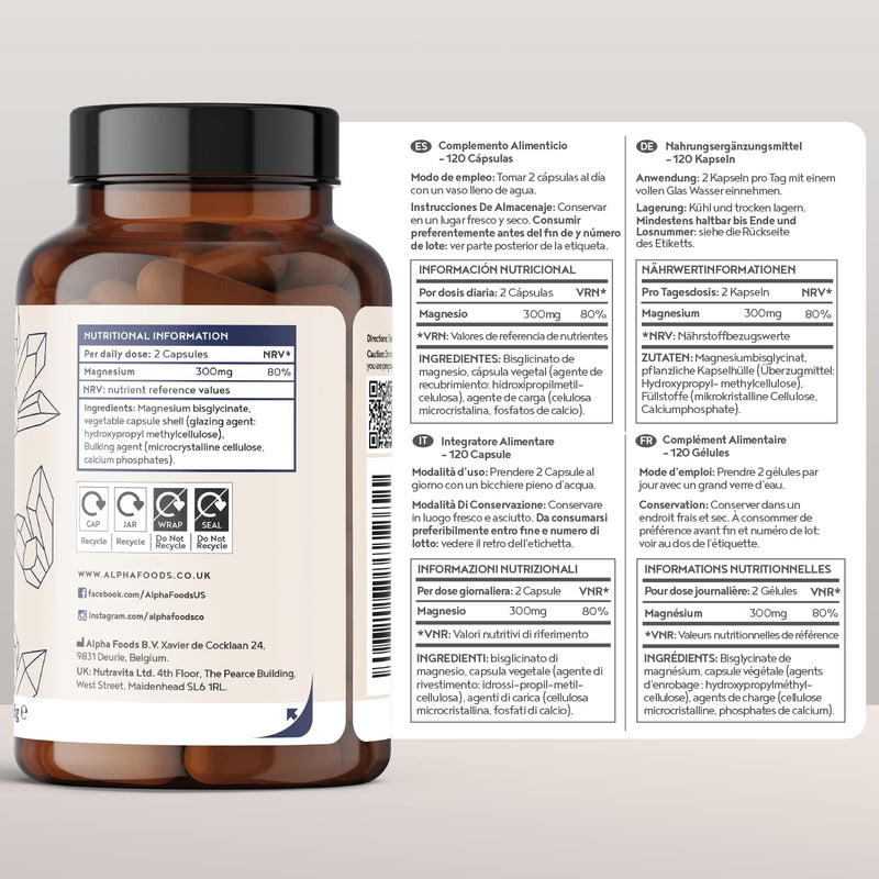 [Australia] - Magnesium bisglycinate | 120 capsules | 1500 mg magnesium glycinate per daily dose, of which 300 mg elemental magnesium | Vegan | High dosage | Alpha Foods 