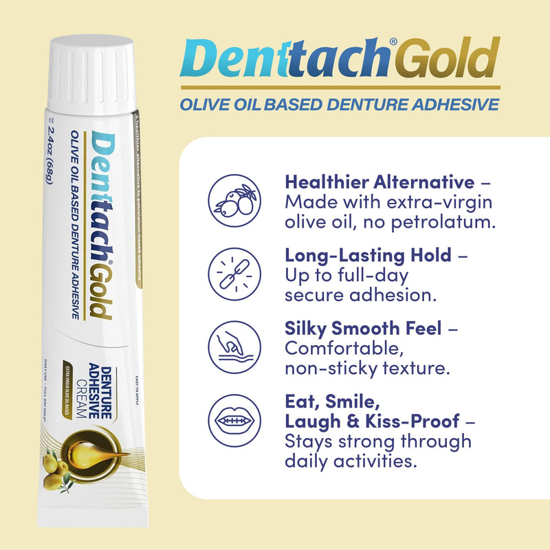 [Australia] - Denttach Gold Denture Adhesive, Petroleum Free Olive Oil Based Premium Denture Adhesive Cream for Full and Partial Dentures, All Day Secure Hold Denture Glue, Zinc Free, 2.4 Ounce 1 
