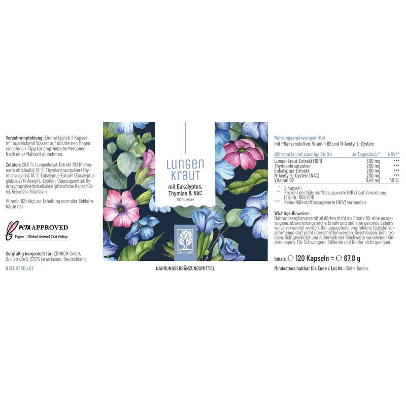 [Australia] - Lungwort capsules - 120 pieces with 300mg per daily dose - lungwort (lungwort) breath complex supplemented with thyme, eucalyptus, NAC & vitamin B2 - vegan & without additives 