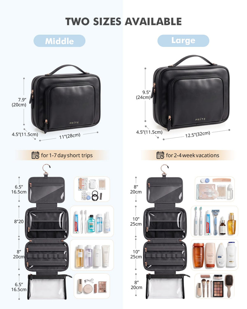 Prite Hanging Toiletry Bag for Women Waterproof Travel Makeup Bag | Jewelry Organizer, Detachable Clear Pouch, Vegan Leather, Dual-Zipper, Durable Hook and Zipper, Multi-pocket, Easy Clean Black Large