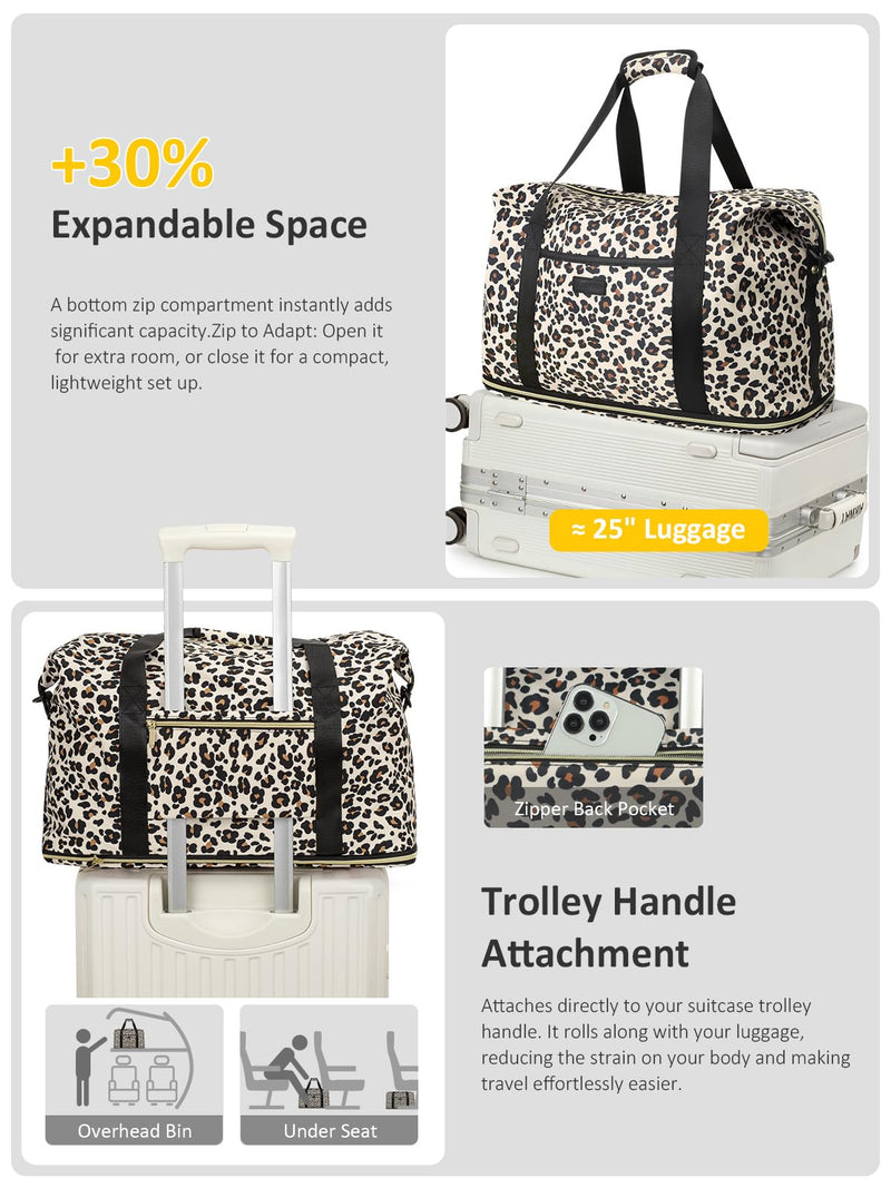 Expandable Travel Duffle Bag Weekender Overnight Bags for Women Men | 32L Duffel Bag,Waterproof Carry on Bag,Hospital Bag for Labor Delivery,With Toiletry Bag,Gym,Airplane Travel Leopard Large