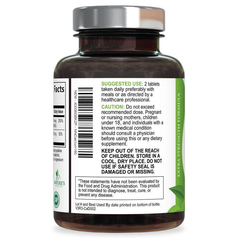 Calcium Supplement with Vitamin D3-1200 mg Calcium per Serving with D3 for Best Absorption - Supports Immune Health, Bones & Teeth - Nature's Calcium is Bottled in USA for Women & Men - 180 Tablets 180 Count (Pack of 1)