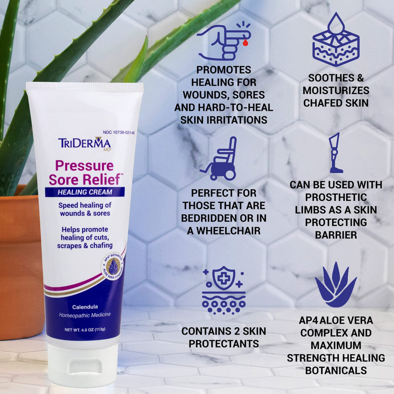 [Australia] - TriDerma MD Pressure Sore Relief Healing Cream for Bed Sores, Pressure Sores, Wound Healing, Chafed Skin and Hard-to-Heal Skin Sores with Calendula and AP4 Aloe Vera Gel, 4 oz Tube 4 Ounce (Pack of 1) 