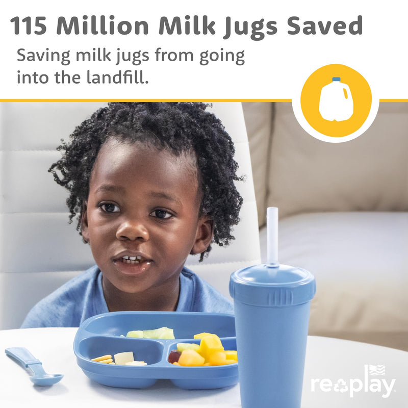 [Australia] - Re-Play Toddler Plates with Dividers - Deep-Walled 3 Compartments Divided Plates for Kids - Dishwasher & Microwave Safe - Made in USA - Set of 3-7.37" x 7.37" x 1.25" - A True Blue Without Lid 