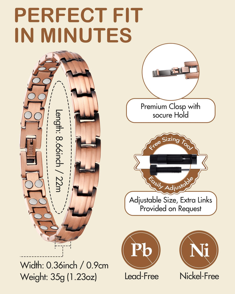 [Australia] - Feraco Copper Bracelets for Women, 2X Ultra Strength Magnetic Bracelet with 3500 Gauss Magnets, Adjustable with Sizing Tool, 99.99% Pure Copper Jewelry 2X Strength Sleek 