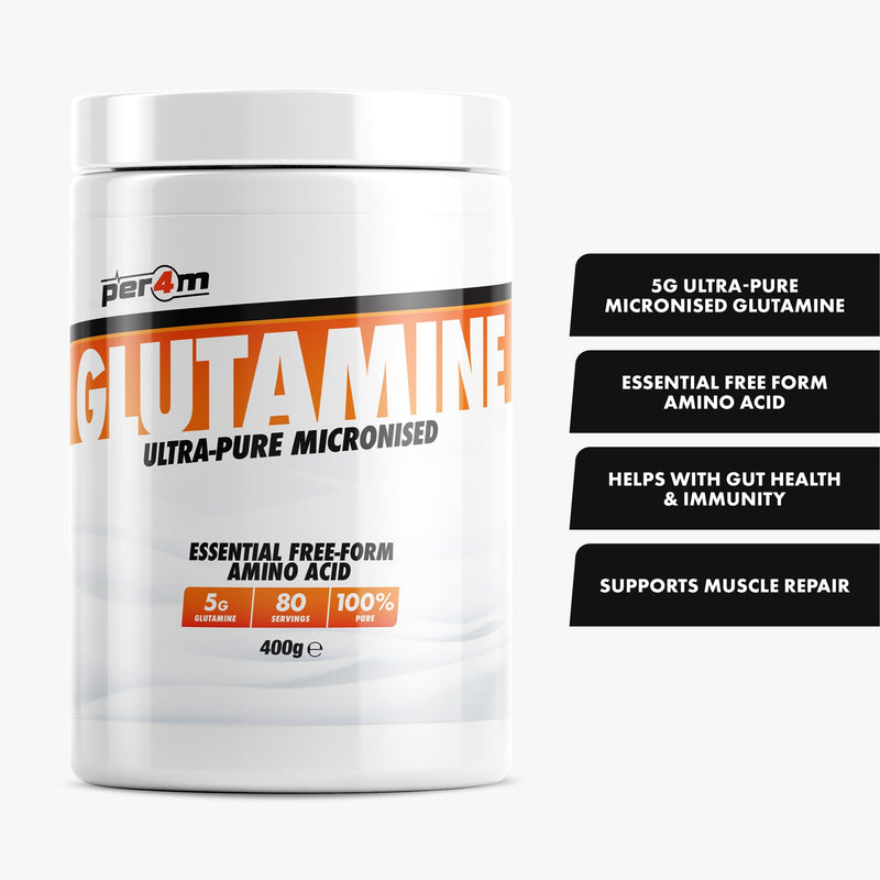 Per4m Ultra-Pure Micronised Glutamine | 5g L-Glutamine Essential Free Form Amino Acid | Supports Muscle Repair, Gut Health & Immunity | 80 Servings | 400g
