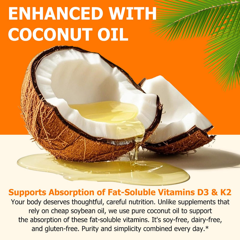 Vitamin D3 K2 with Coconut Oil - Vegan Vitamin D3 & Mk7 Vitamin K2for Bone & Immune Support - Non-GMO, Soy Free - 120 Softgels