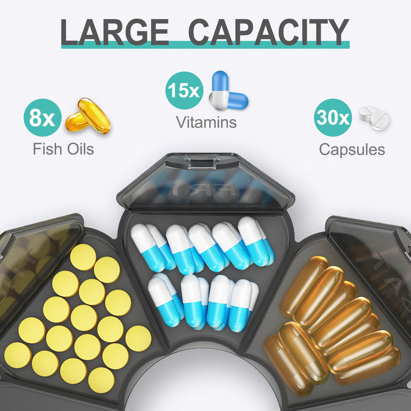Enlarged Weekly Pill Organizer 7 Day, Daily Pill Box with Never Faded Etched 3D Date Labels, Travel Pill Case with Large Compartment for Medication, Vitamin, Fish Oil, Supplements(Black) Black
