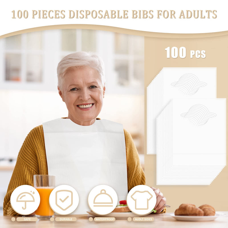 [Australia] - Hicarer Disposable Bibs Waterproof Disposable Bibs with Crumb Catcher Plastic Bibs Single Use Dining Clothing Protectors 100 
