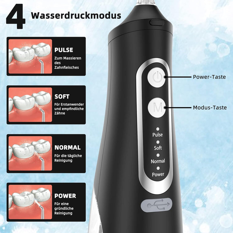 [Australia] - Powerful Oral Irrigator Electric Tooth Cleaner 4 Modes & 4 Nozzles Wireless Oral Irrigator IPX7 Waterproof Water Flosser 310ML Removable Water Tank for Ten Home and Travel Use Black 