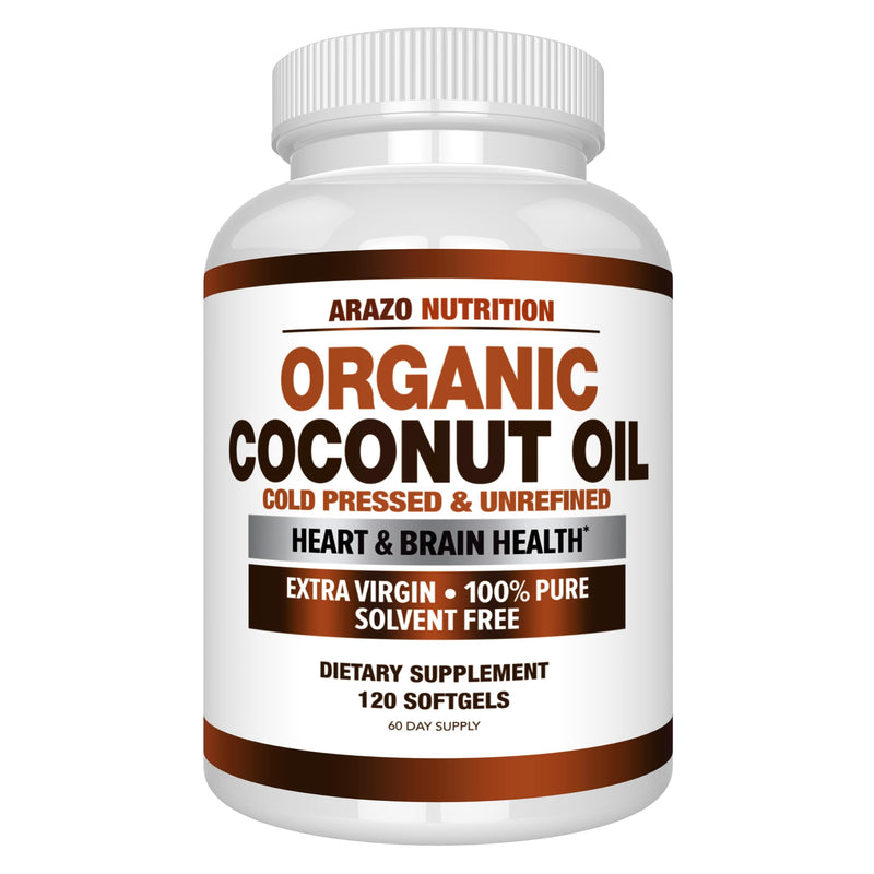 [Australia] - Arazo Nutrition Organic Coconut Oil 2000 MG - 100% Extra Virgin Unrefined Cold Pressed for Weight Support, Skin, Hair, Nails - 120 Softgel Capsules 120 Count (Pack of 1) 