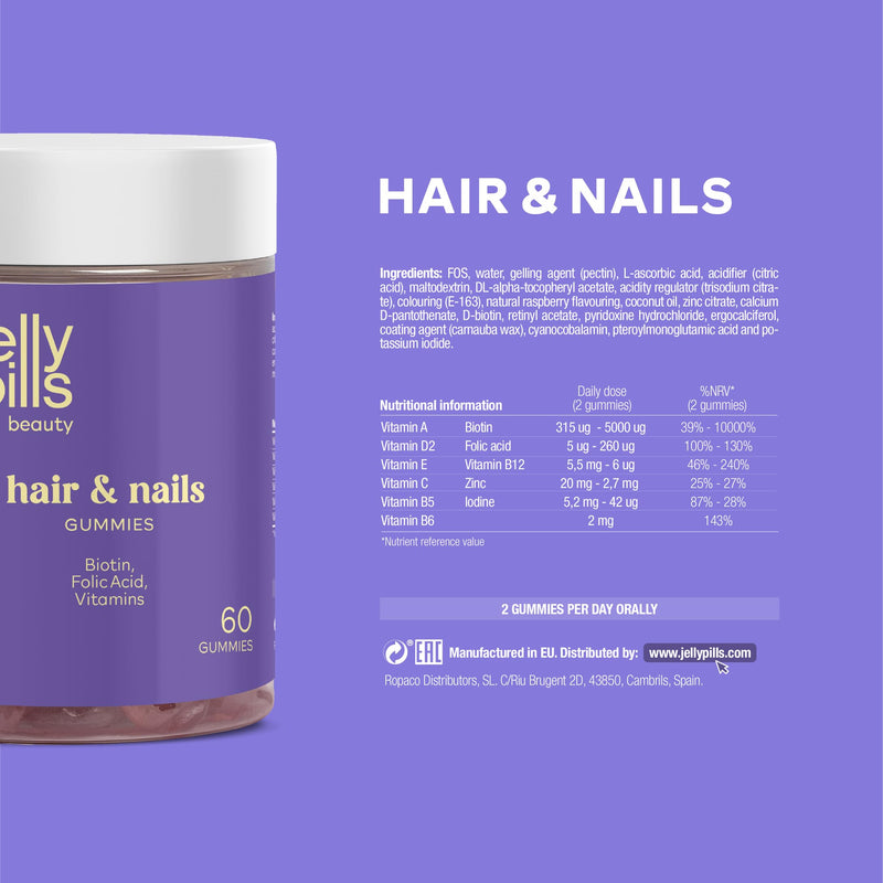 Jelly Pills® Gummies with Biotin 5000 mcg, Folic Acid and 7 Vitamins - No Added Sugars - 60 Raspberry Flavoured Vegan Gummies to Reduce Hair Loss - Hair and Nails