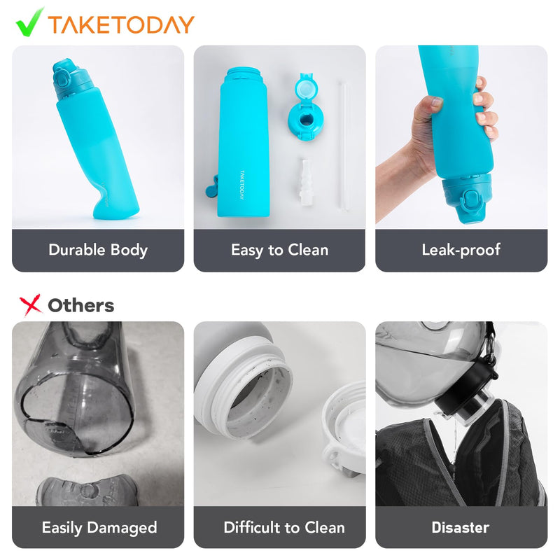 TakeToday Travel Bottles for Toiletries, Tsa Approved 3.4oz Portable Travel Bottles, Collapsible Water Bottles 32oz, Foldable Travel Water Bottle with Straw