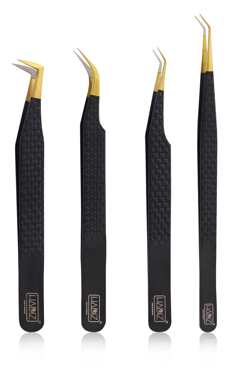 HADIZ Set of 4 Fiber Tip Diamond Grip Eyelash Extensions Tweezers Japanese Stainless Steel Lash Tweezer(Black) Black