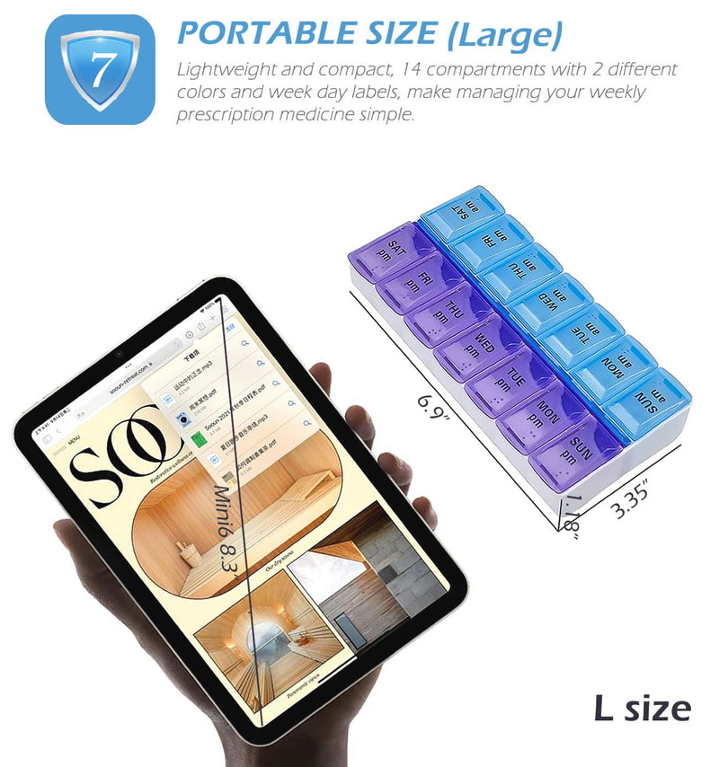 VOFOON Travel Pill Organizer 2 Times a Day, Large AM PM Pill Organizer 7 Day, PU Leather Daily Pill Box Case, Weekly Pill Medicine Organizer for Vitamins Medicine Fish Oils Supplements (L Size) Large 7 Days x 2 Compartments Black