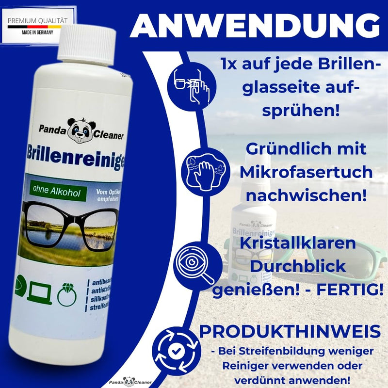 [Australia] - PANDACLEANER glasses cleaner | 50ml spray + 250ml refill bottle | without alcohol | Streak-free cleaning and anti-fog formula | Made in Germany 