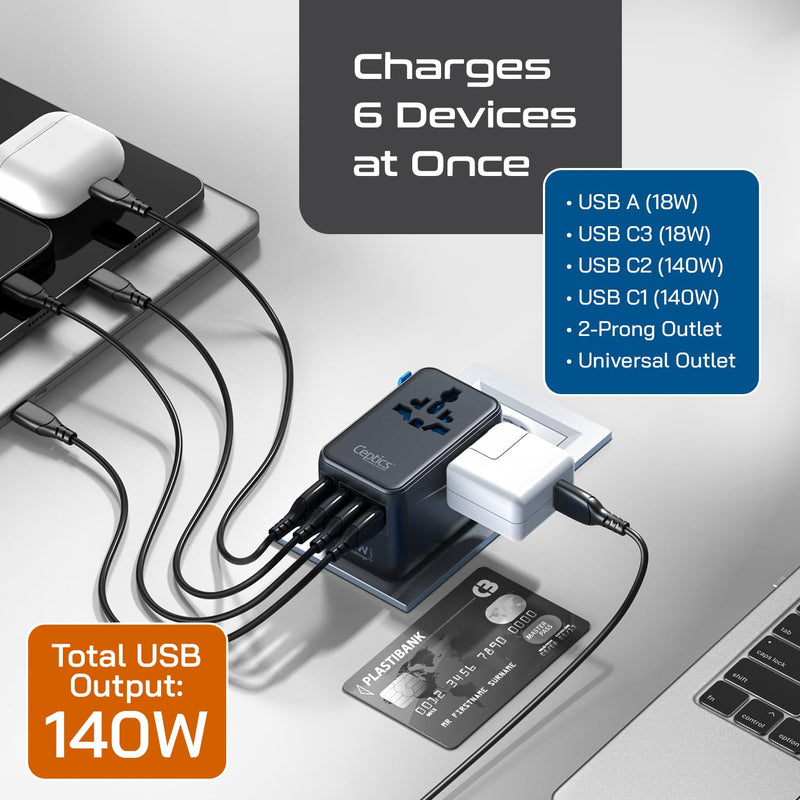 Ceptics 6 in 1 International Power Adapter with PD 140W USB-C, 1x USB-A, 3X Type C, Universal Input and 1x USA/JP Input with Type A, C, G, I Plug outlets for Global Travel – CE & RoHS Certified Black/Blue