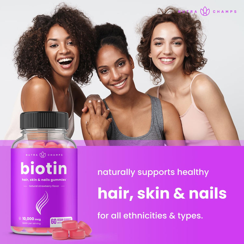 NutraChamps Biotin Gummies 10000mcg [High Potency] for Healthy Hair, Skin & Nails Vitamins for Women, Men & Kids - 5000mcg in Each Hair Vitamins Gummy - Vegan, Non-GMO, Hair Health Supplement 1