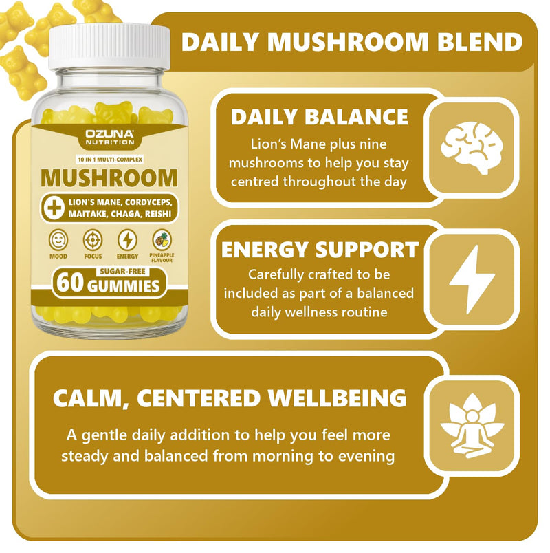 Mushroom Gummies | 10-in-1 | Vegan & Sugar-Free | with Lion’s Mane, Cordyceps, Reishi & Chaga | Pineapple Flavour | 60 Chewable Gummies | Energy, Vitality & Daily Wellness
