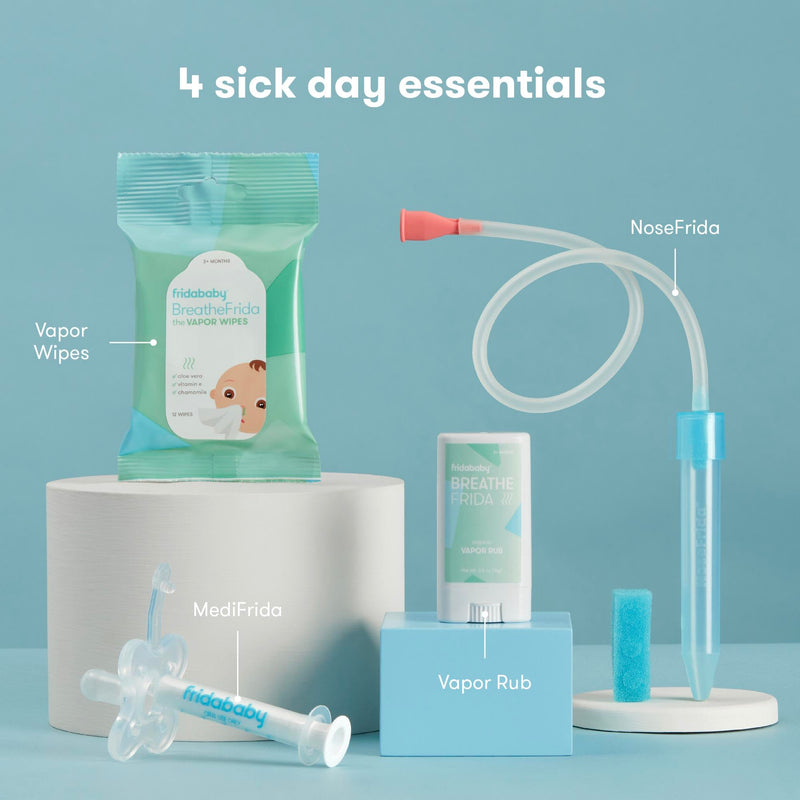 [Australia] - Frida Baby Sick Day Prep Kit | Sick Baby Essentials, Allergy Relief Set Includes NoseFrida Nasal Aspirator, MediFrida Pacifier Medicine Dispenser, Breathefrida Vapor Rub, Snot Wipes 
