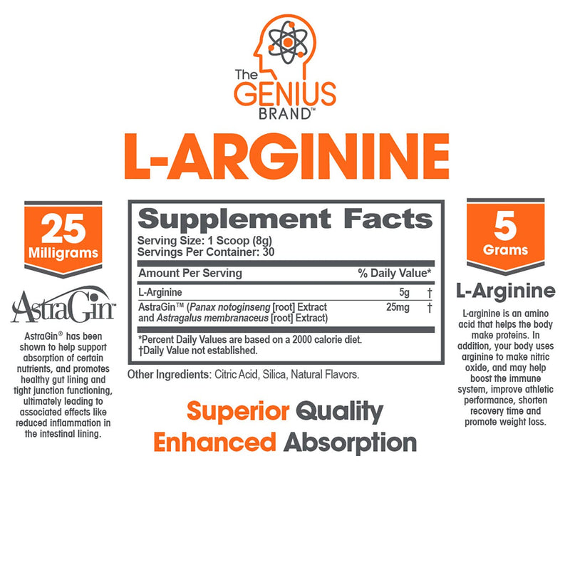 [Australia] - Genius L-Arginine Nitric Oxide Powder - Fermented L- Arginine Nutritional Supplements & Nitric Oxide Booster - Pre Workout, Natural Muscle Builder - 30 Servings, Lemon 