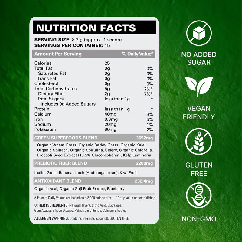 EHP Labs OxyGreens Super Greens Powder with Spirulina & Chlorella, Prebiotic Fiber, Probiotics & Digestive Enzymes – Antioxidant Green Superfood Supplement - 15 Servings - Pineapple 15 Serves
