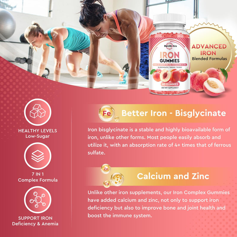 Iron Gummies with Zinc, Calcium, Vitamin C, B6 & B12 | Iron Supplement for Women, Men & Kids | Supports Anemia & Deficiency, Blood Builder & Cell Formation | Chewable Peach Flavor, 60 Gummies 60 Count (Pack of 1)