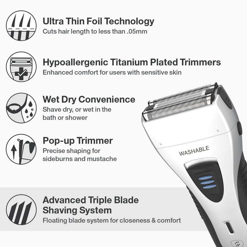 [Australia] - YASUN Foil Shaver - Electric Razor, Wet/Dry IPX7 Waterproof, Pop-up Beard Trimmer, Cordless Rechargeable Mens Razor - YS5800 Silver & Black 