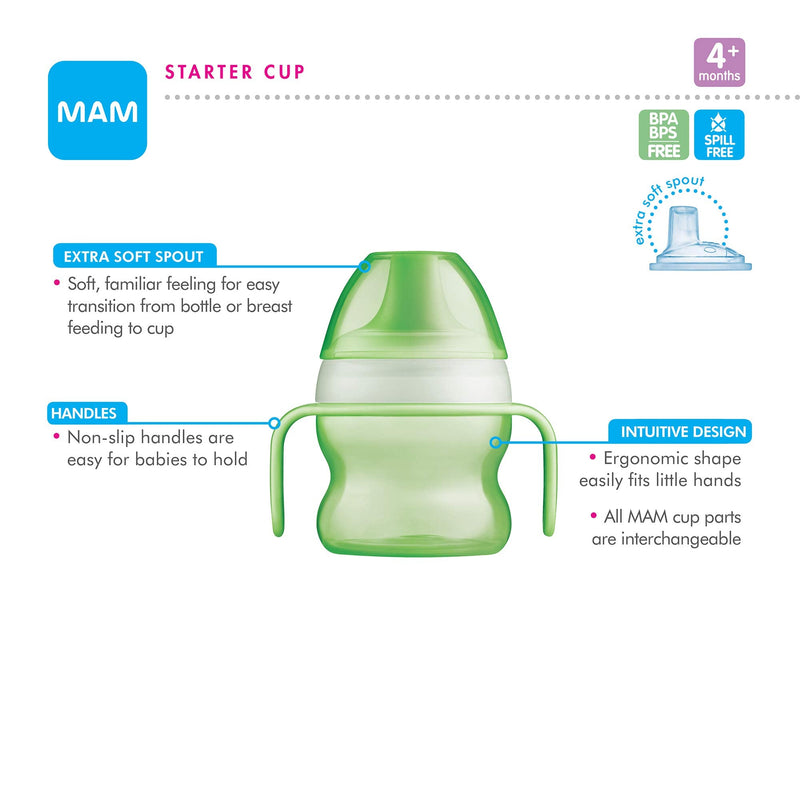 MAM Starter Cup (1 Count), MAM Sippy Cup, Drinking Cup with Extra-Soft Spill-Free Spout and Non-Slip Handles, for Boys 4+ Months, Five Ounces, Blue Boy