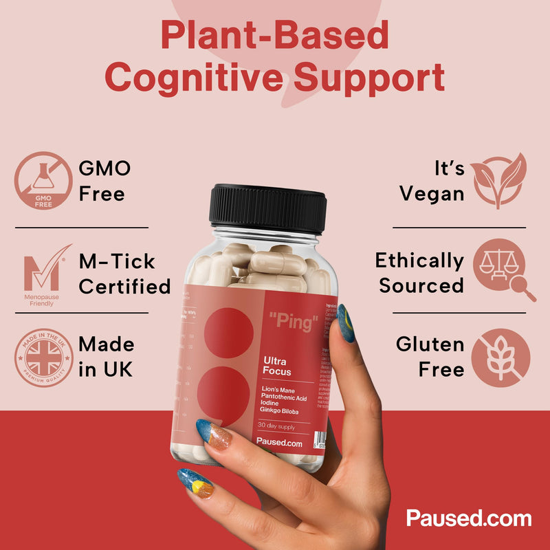 Paused Ultra Focus, Mind & Memory Supplement - 60 Capsules | 1 Month Supply Cognitive Enhancer with Lion's Mane & Iodine | Boosts Energy, Improves Mood & Mental Performance | Vegan & Gluten-Free | UK