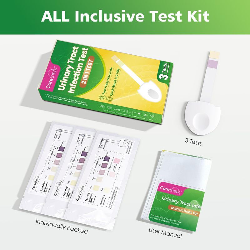 Carethetic UTI Test Strips for Women & Men - Home Urine Test Kit for Urinary Tract Infection Detection (Leukocytes & Nitrites), Broad Handle for Hygienic Use - 3 Count