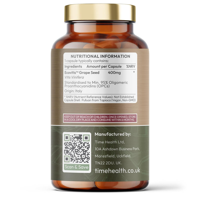 OPC Grape Seed Extract Capsules - Min. 95% OPCs - Made with Italian Vineyard Grapes - Ecovitis™ - UK Made Supplement - Zero Additives - GMP Standards - Vegan 60 count (Pack of 1)