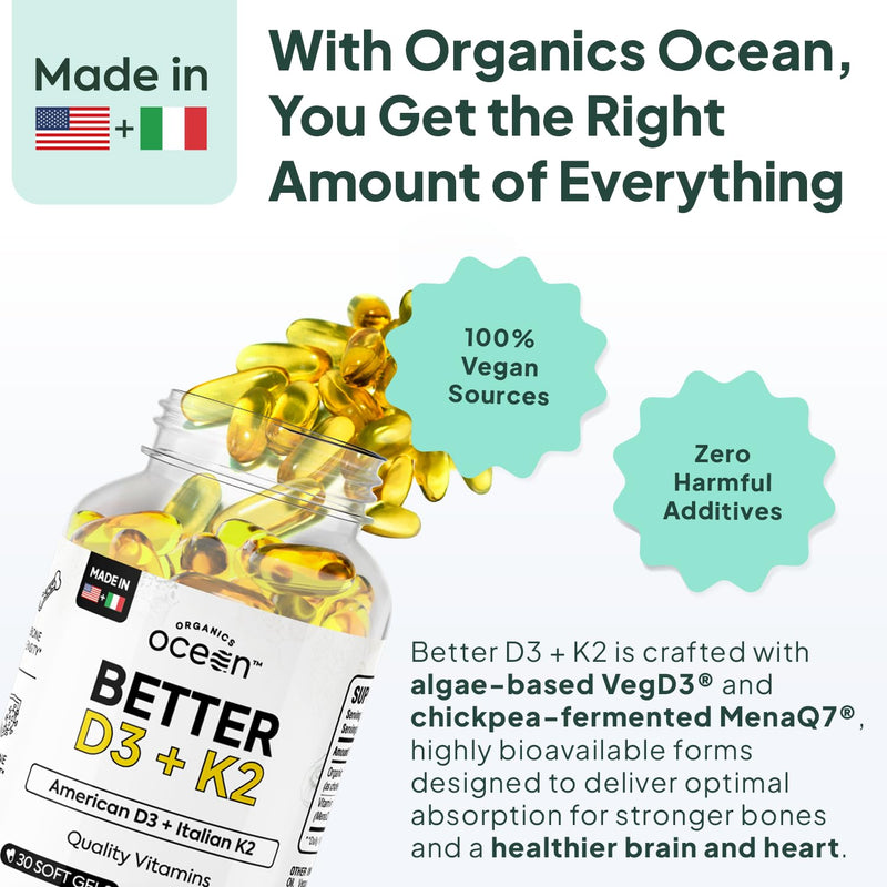 Organics Ocean Better D3 + K2-100% Organic VIT D3 and K2 Supplements with Maximum Bioavailability - Supports Bone Density, Calcium Balance, Immunity & Mood - 1-Pack, 30-Day Supply 30 Count (Pack of 1)