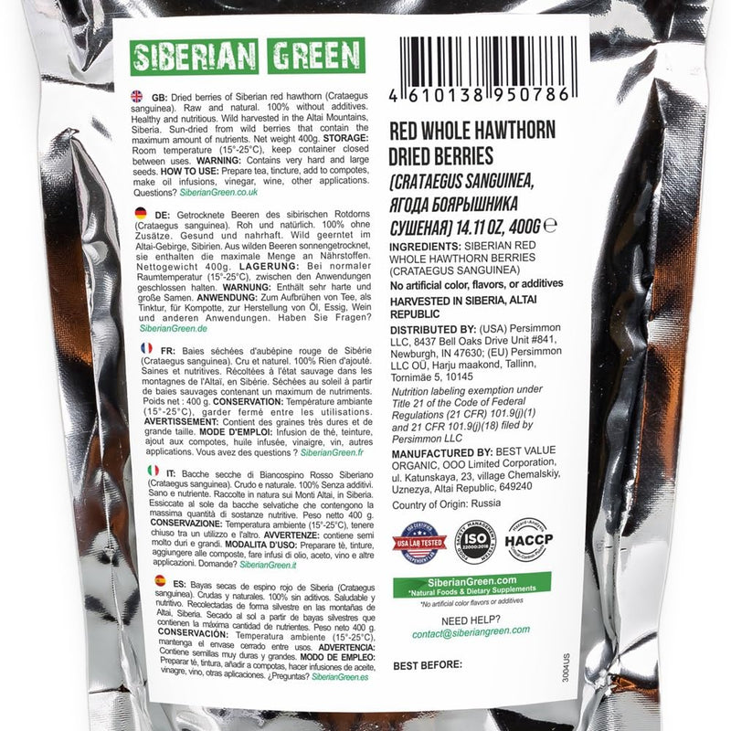 [Australia] - Siberian Green Whole Red Hawthorn Dried Berries 400g (14.11oz) Wild Harvested Crataegus Sanguinea from Altai 