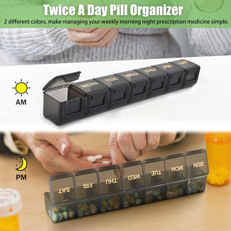 2 Pack Weekly Pill Organizer, Large 7 Day Pill Case, Daily Vitamin Case Medicine Box, AM/PM Pill Containers for Medicine Supplements Fish Oil (Black & Black) Black & Black