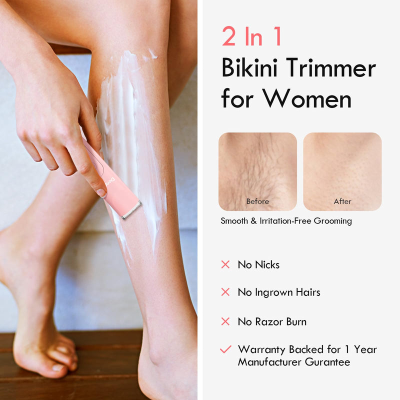 Bikini Trimmer for Women, 2 in 1 Electric Razors for Shower&Travel, IPX7 Waterproof Pubic Hair Remover for Underarm, Legs & Bikini Area, Painless Razor,Hypoallergenic Foil & Ceramic Blades