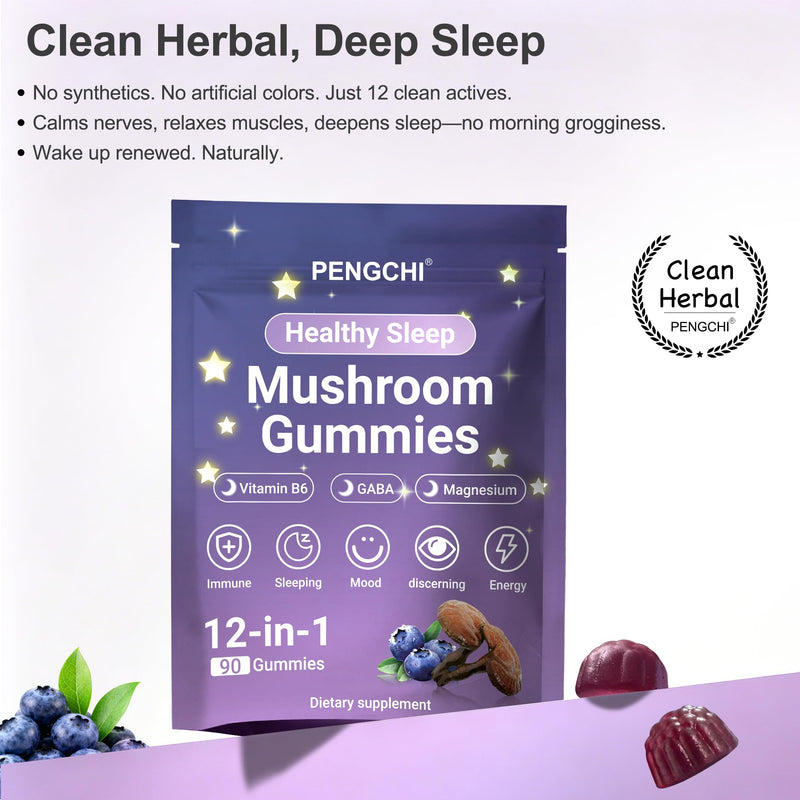 PENGCHI Mushroom Sleep Gummies - for Adult | Reishi, Saffron, Vitamin B6, Magnesium, Passionflower, GABA & Chamomile - Calm & Relaxation Support, Restful Sleep & Nighttime Routine, 90 Counts
